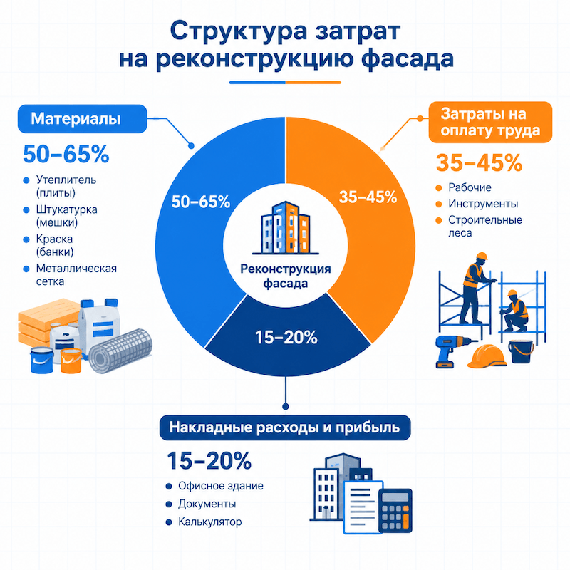 Структура сметы фасадных работ: распределение затрат на материалы, работы и накладные расходы