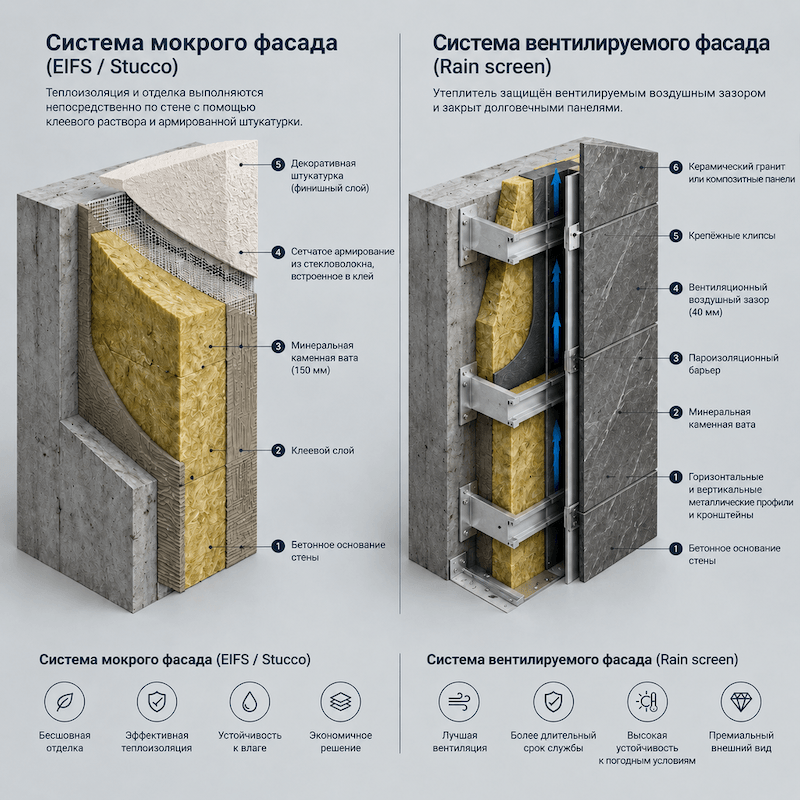 Схема сравнения мокрого и вентилируемого фасада: слои и структура систем